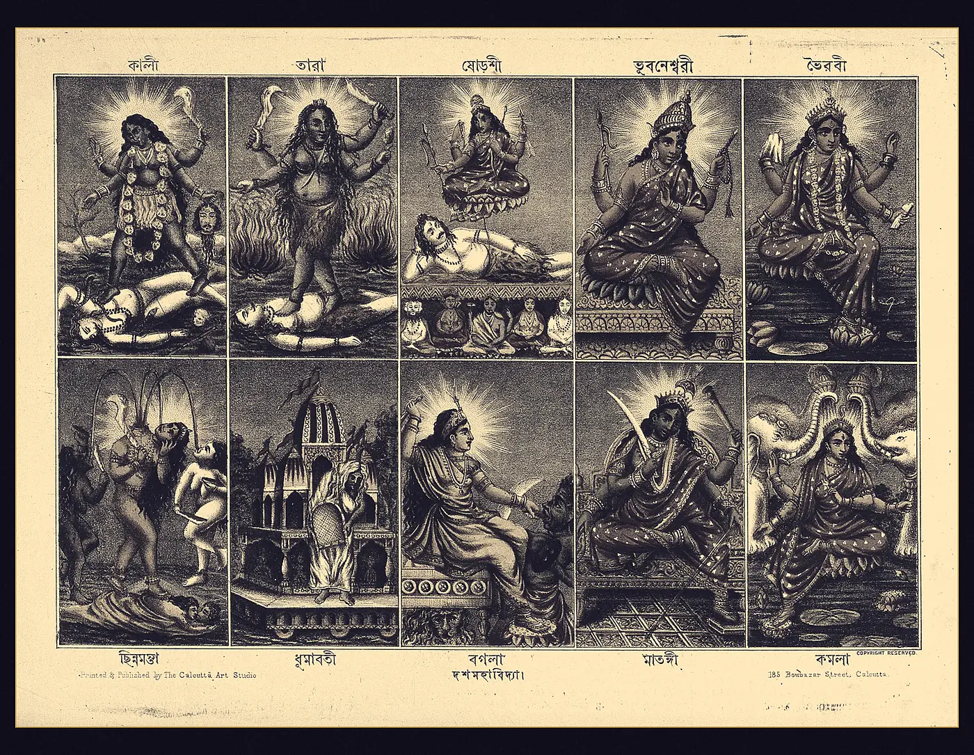A nineteenth century Calcutta lithograph showing the ten Mahavidya goddesses in two rows of five panels, each labelled in Bengali, including Kali standing on Shiva, Tara among flames, Chinnamasta holding her own severed head, and Dhumavati seated in a chariot.
