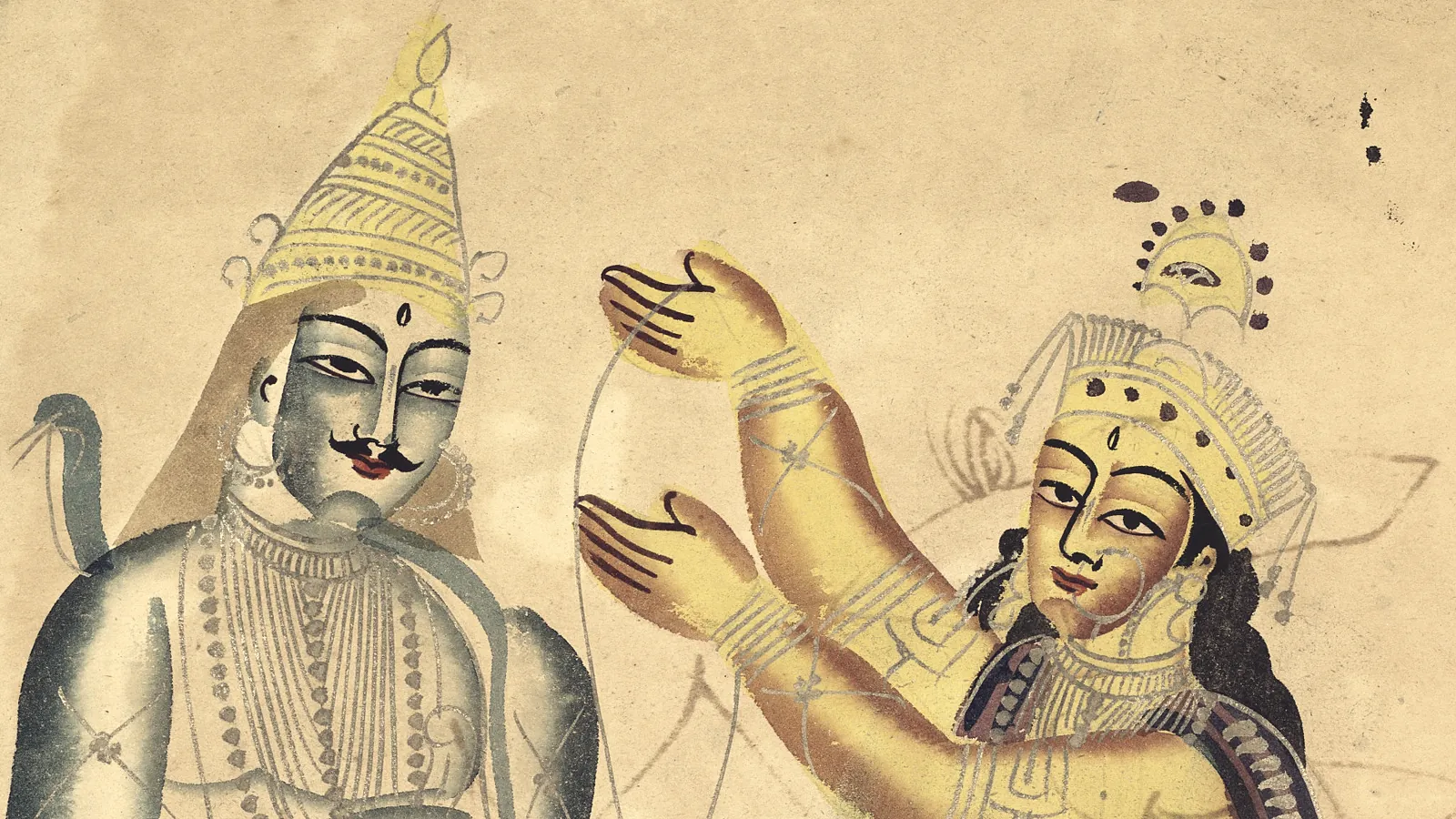 A Kalighat painting of Parvati placing a wedding garland over Shiva, her skin painted gold and his pale with ash