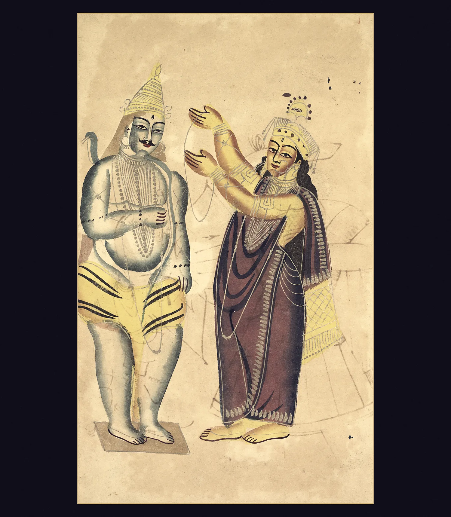 A Kalighat painting of Parvati placing a wedding garland over Shiva, her skin painted gold and his pale with ash
