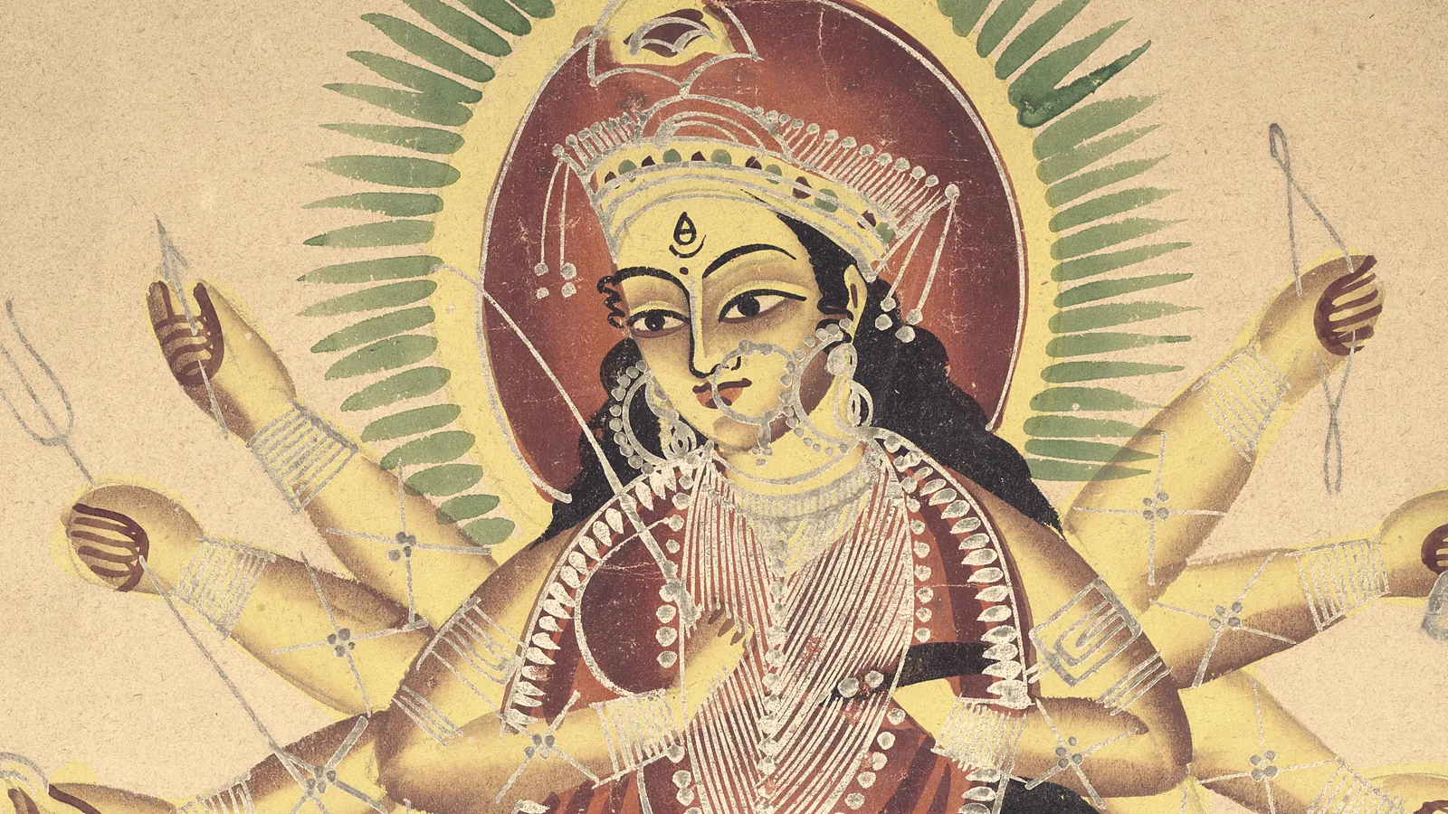 A Kalighat painting of ten-armed Durga, weapons raised, a green sunburst halo behind her crowned head
