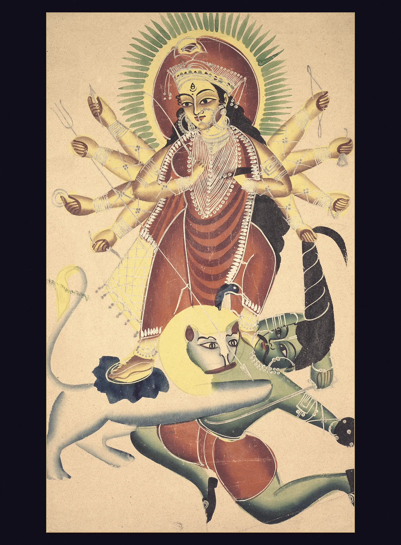 A Kalighat painting of ten-armed Durga standing over the green buffalo demon, who wears European buckled shoes