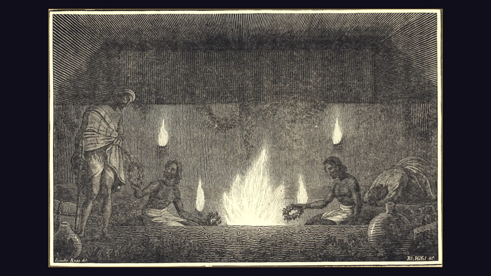 A nineteenth century wood engraving of the fire-pit at Jwalamukhi: a flame rising from a long pit in a stone temple court, an ascetic seated at each end, smaller flames burning out of the rock wall behind.