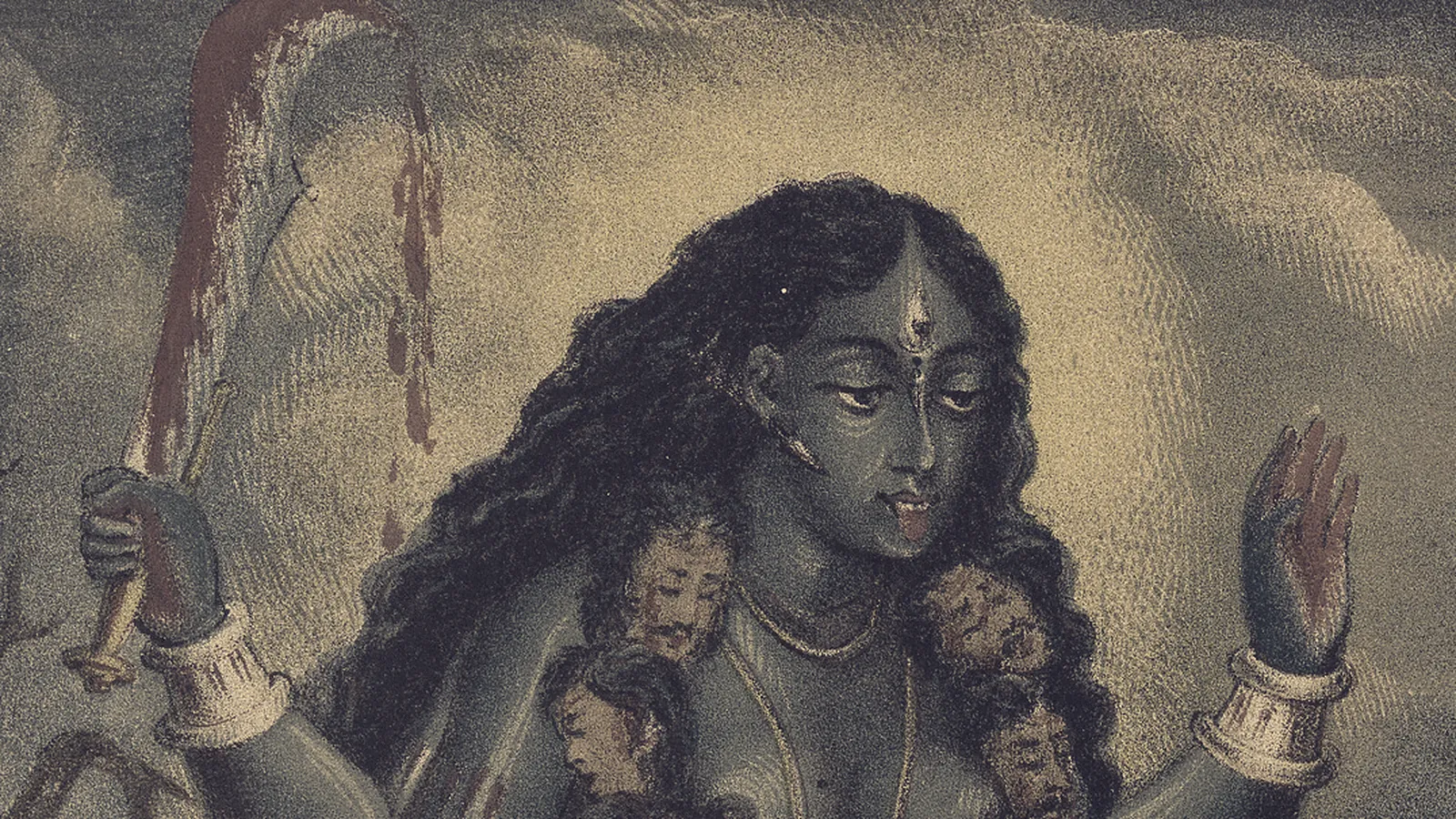 Kali's face and arms in a Calcutta chromolithograph, one hand raising a blood-stained sword and the other open in the fear-not gesture, a garland of severed heads at her shoulders