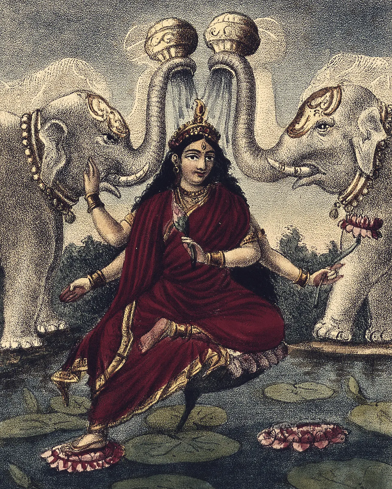 Two jewelled white elephants stand in shallow water on either side of the goddess Lakshmi, each raising a golden pot in its trunk and pouring a stream over her as she sits on a lotus in a crimson sari.