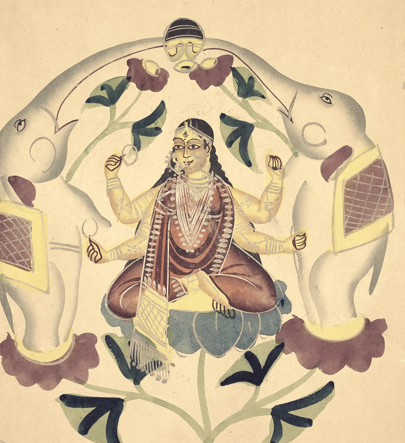 A Kalighat painting of a six-armed goddess seated on a blue lotus between two pale elephants whose trunks arch up and meet overhead around a small mask-like face, with crimson lotus blossoms on curving stems filling the field.