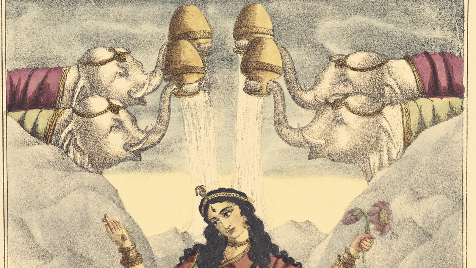 Four elephants in banks of cloud hold golden pots aloft in their trunks and pour two streams of water over the crowned head of the goddess Lakshmi, who raises one hand in blessing and holds a lotus in another, against pale mountains.