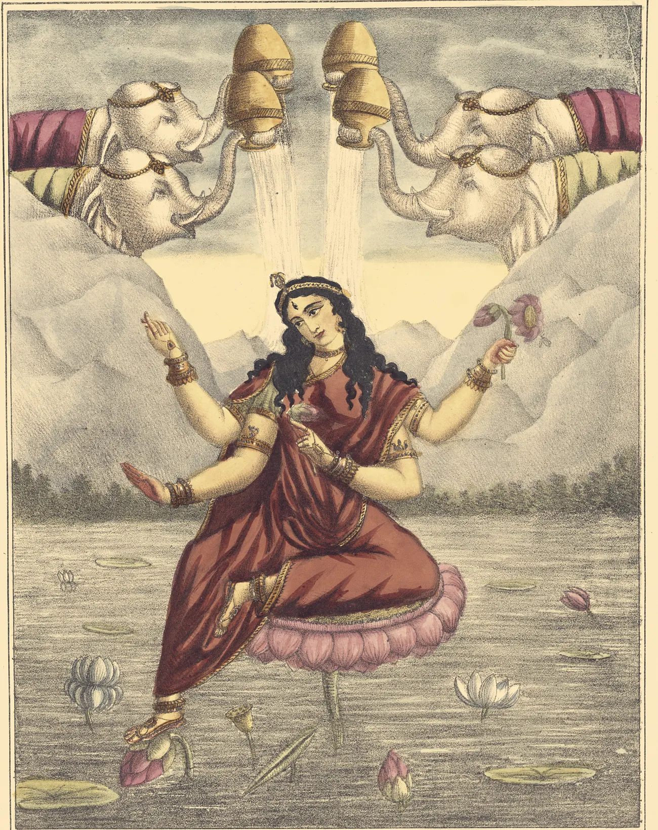 A Calcutta lithograph of the goddess Kamalatmika seated on a pink lotus in a lily pond, four-armed in a red sari, with four elephants above her pouring water from golden pots, printed inside a ruled border.