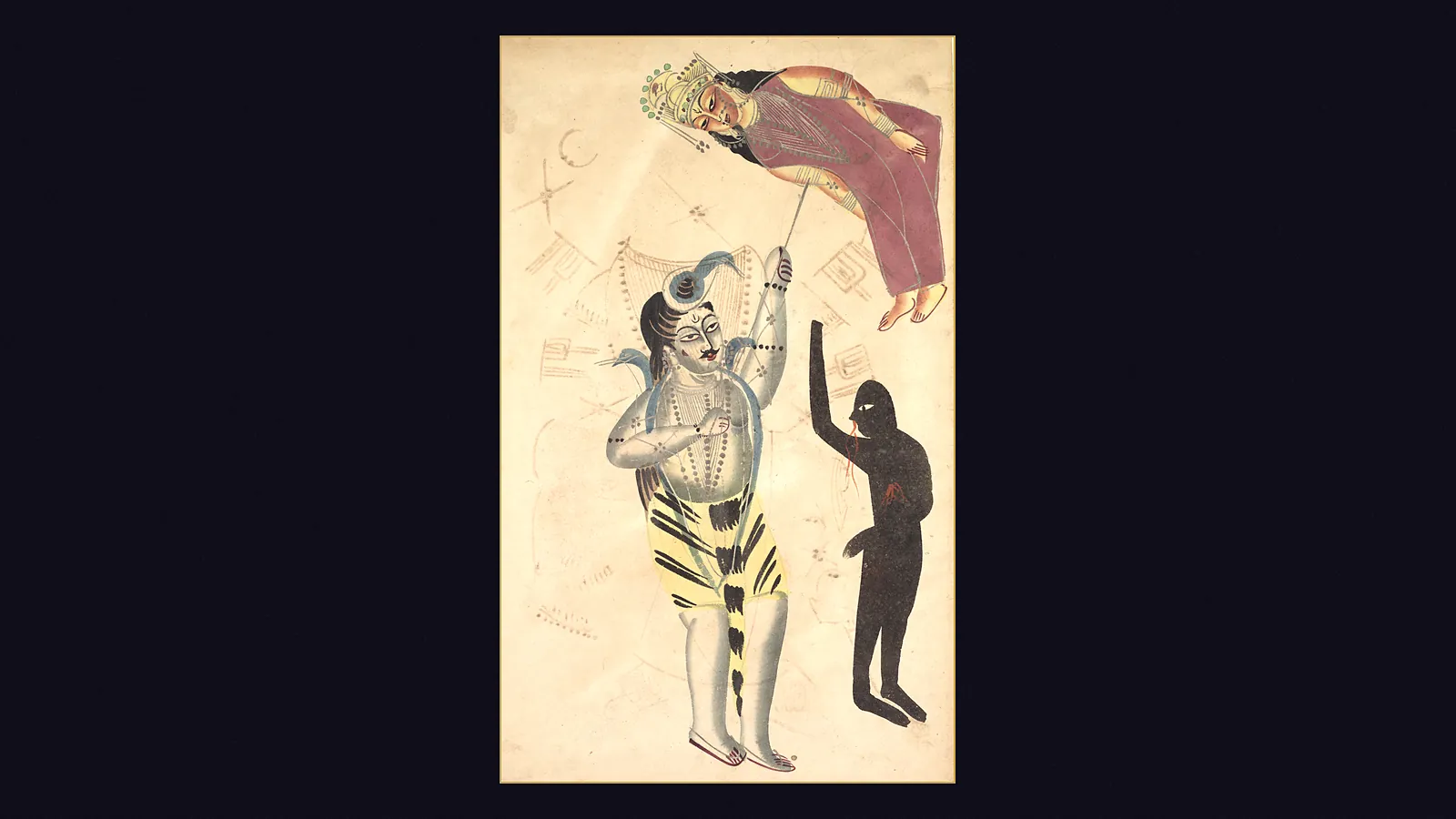 A Kalighat painting of Shiva holding the corpse of Sati aloft on his trident