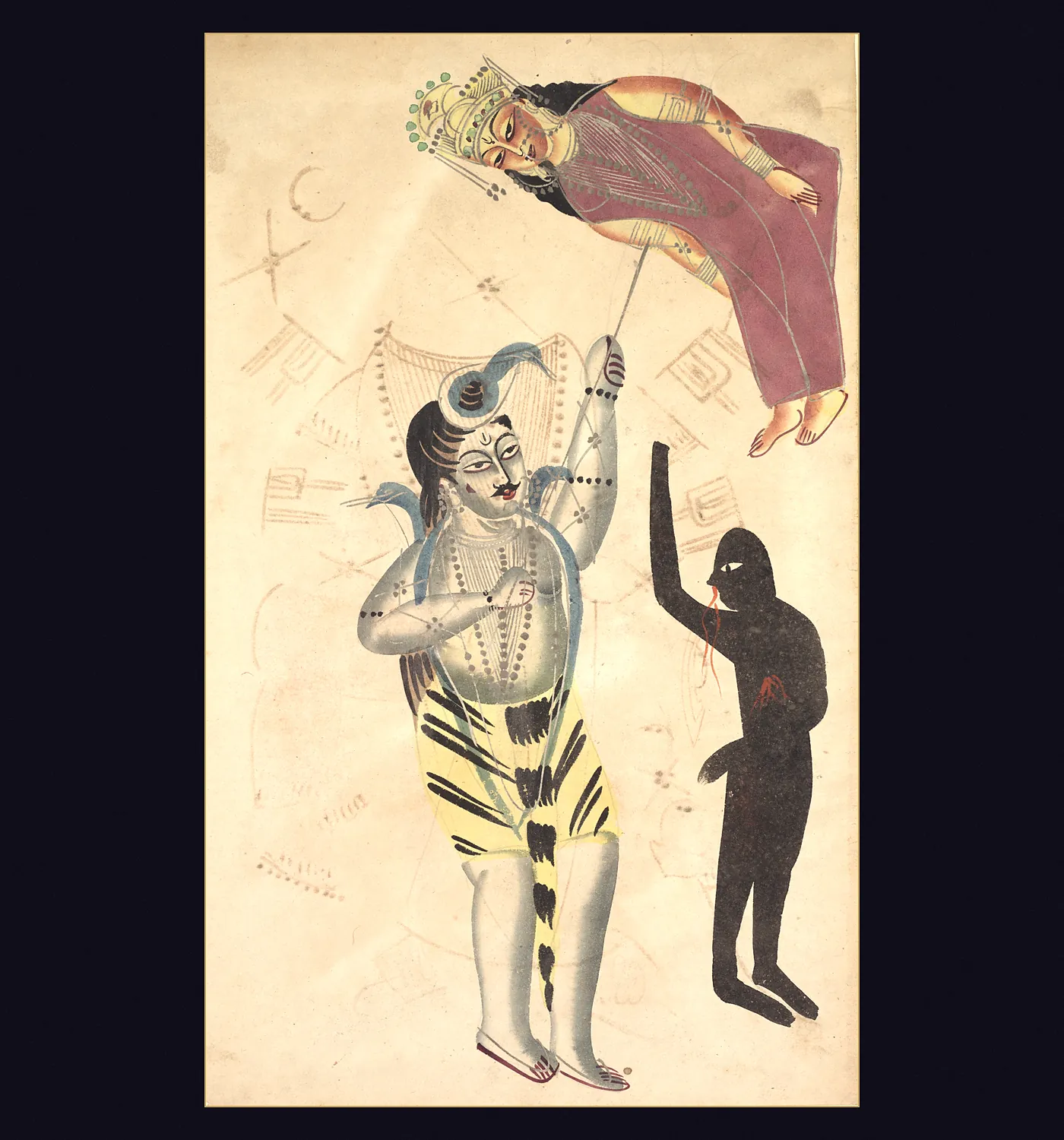 A Kalighat painting of Shiva holding the corpse of Sati aloft on his trident, with a black shadow figure standing beside him, blood at its nose and heart