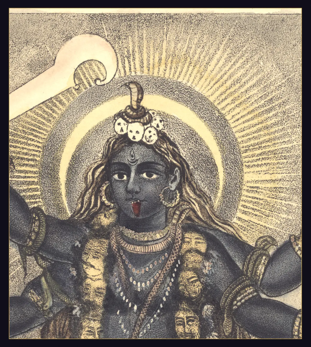 Detail of a lithograph showing a blue four-armed goddess with her tongue out and her hair loose, wearing a crown of five white skulls with a hooded cobra rearing above it, against a halo of yellow rays.