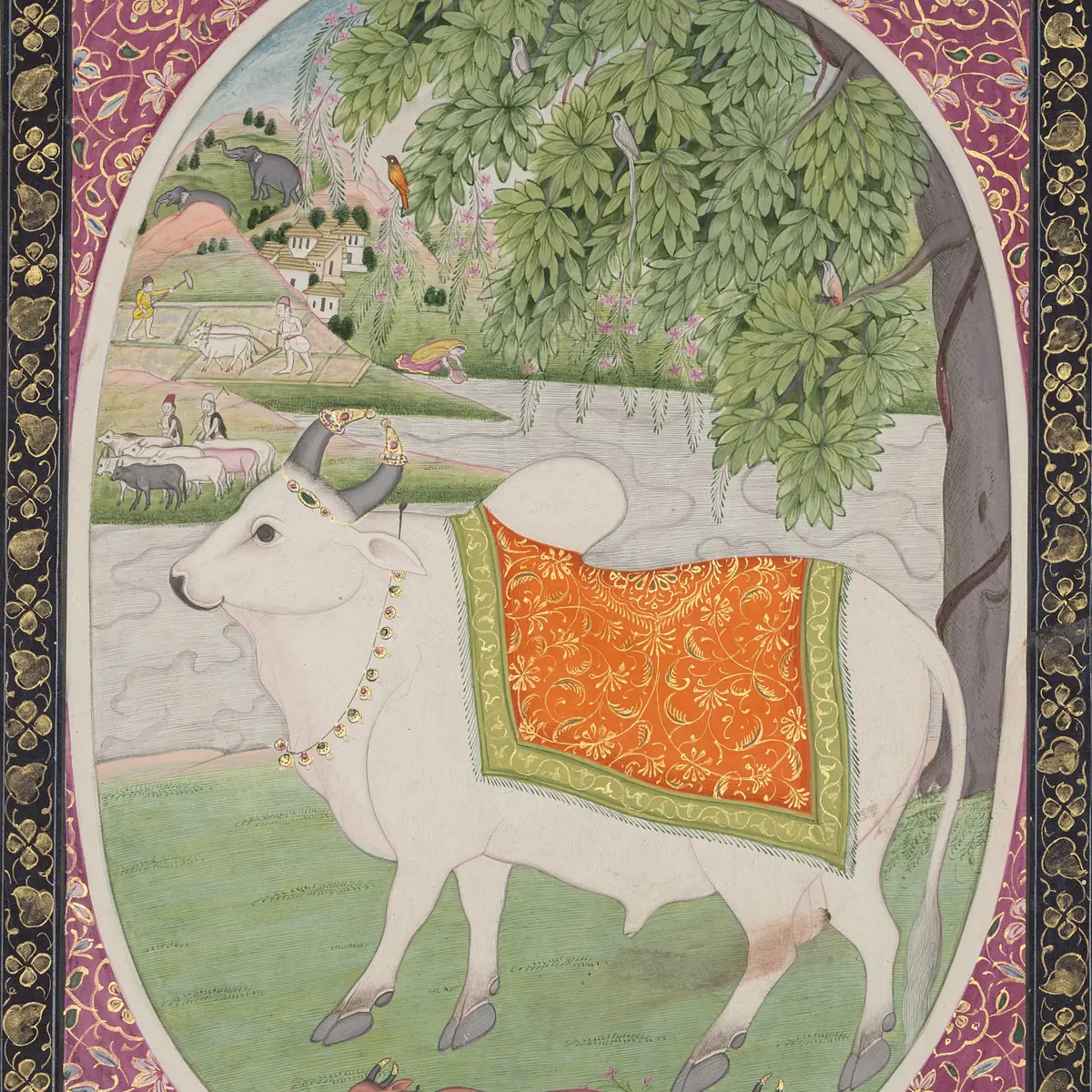A Pahari painting of a white bull in profile, garlanded and draped in an orange cloth, standing under a tree with a small herd of cows below and a village and elephants in the hills behind