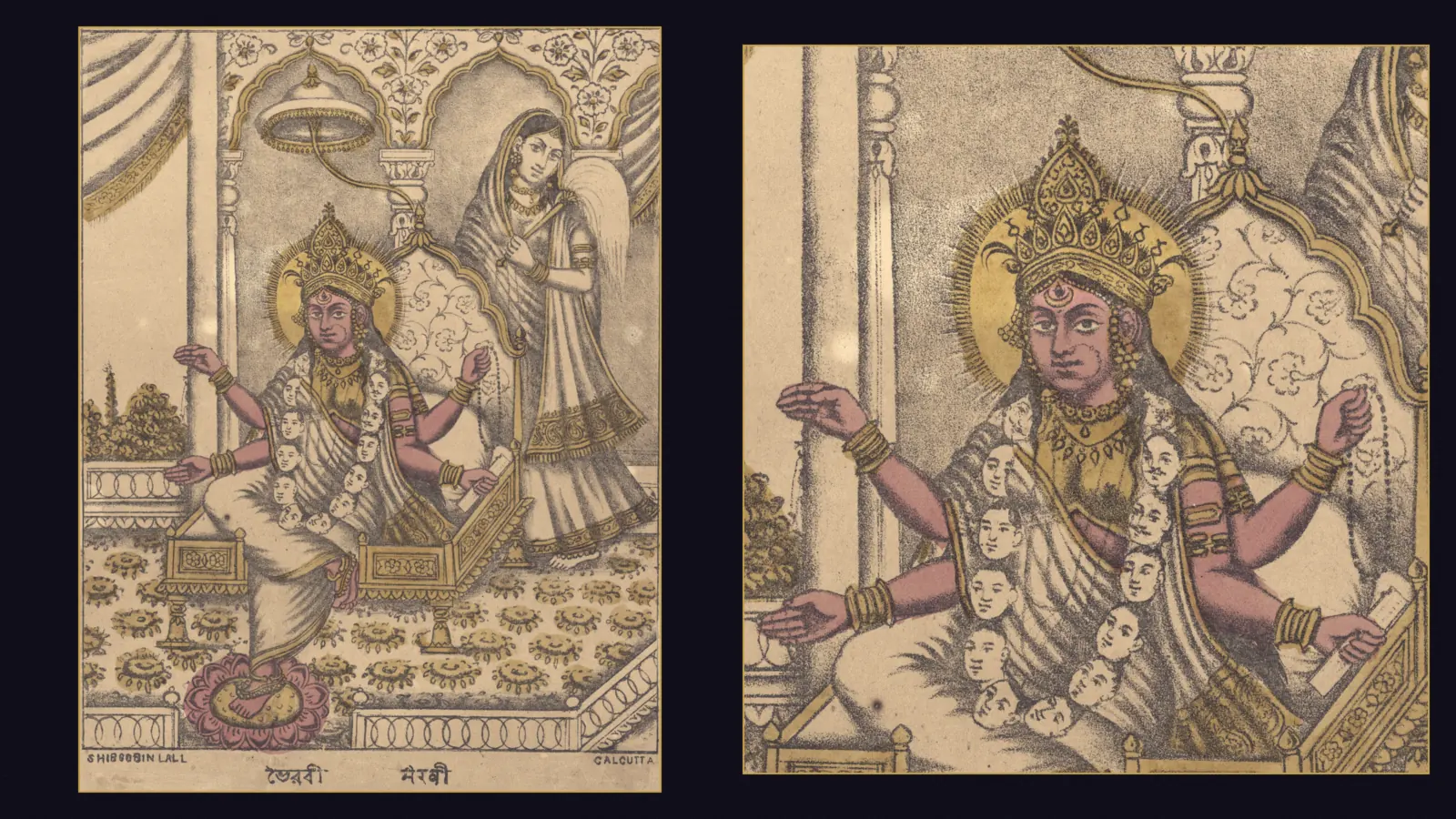 A hand-coloured Calcutta lithograph of the goddess Bhairavī, shown whole on the left and in close detail on the right: four-armed, crowned and haloed, with a third eye and a garland of heads, seated on a throne with one foot on a pink lotus while an attendant holds a fly-whisk behind her.