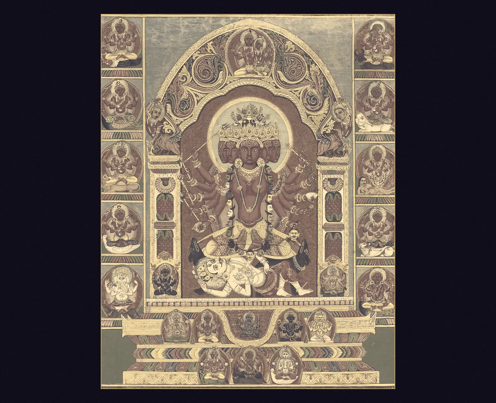 A Nepalese cloth painting of the red, five-faced goddess Tripurasundari, many-armed and crowned, seated beneath an ornate golden arch, with smaller mother goddesses seated on their animal mounts in panels down both sides.