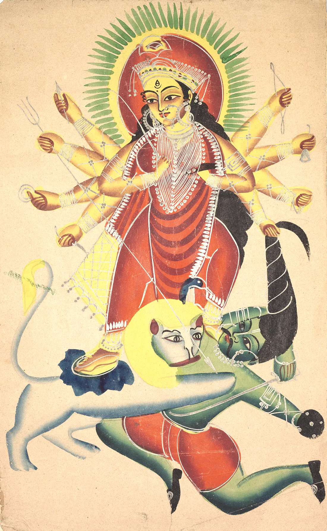 A Kalighat painting from about 1890 showing a ten-armed Durga with one foot on the buffalo demon, gripping his hair with a spear poised.