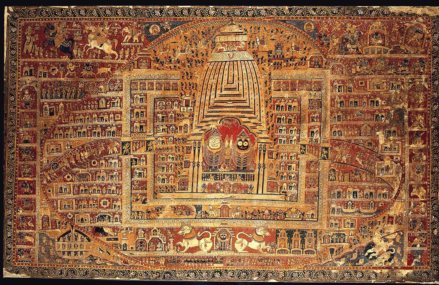 A 19th-century Odishan cloth painting showing the Jagannatha temple compound at Puri drawn as a map, with the central tower and the three deities in the middle and dozens of small subsidiary shrines packed around them in a grid.