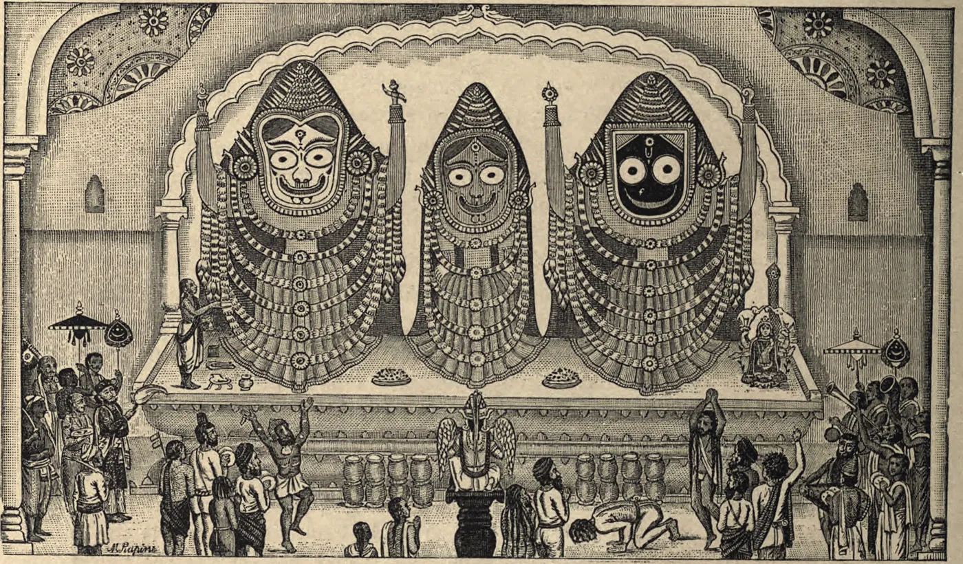 An 1882 French wood engraving of the sanctum at Puri showing the three garlanded icons on their altar under a scalloped arch, with priests, musicians and a prostrate worshipper below.