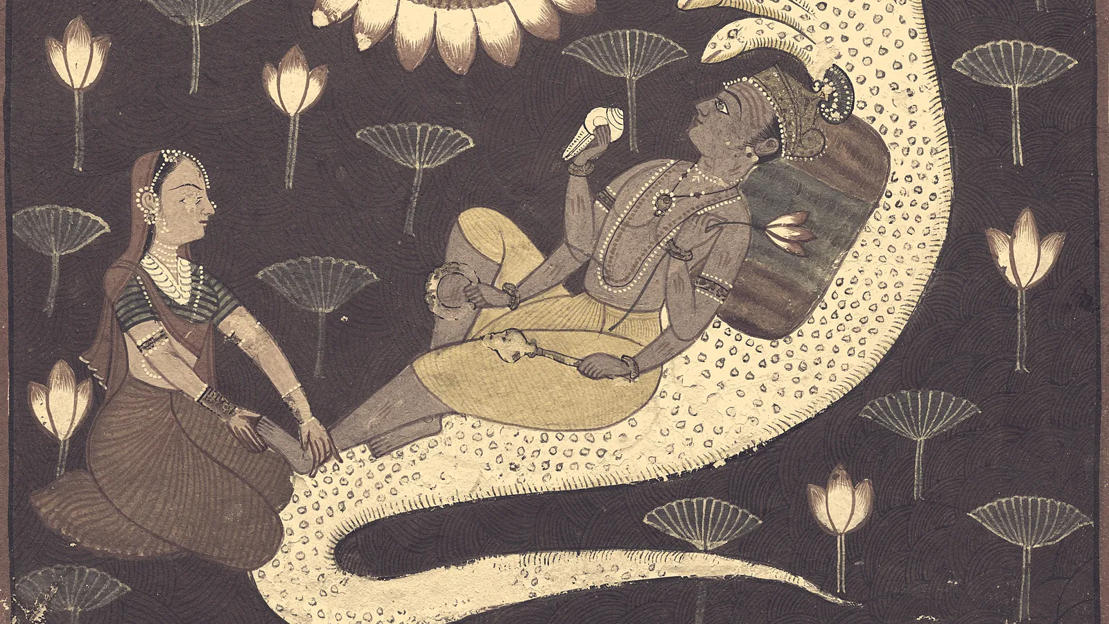Vishnu reclining on the white serpent Ananta with Lakshmi seated at his feet, a Pahari painting on a dark ground scattered with lotuses