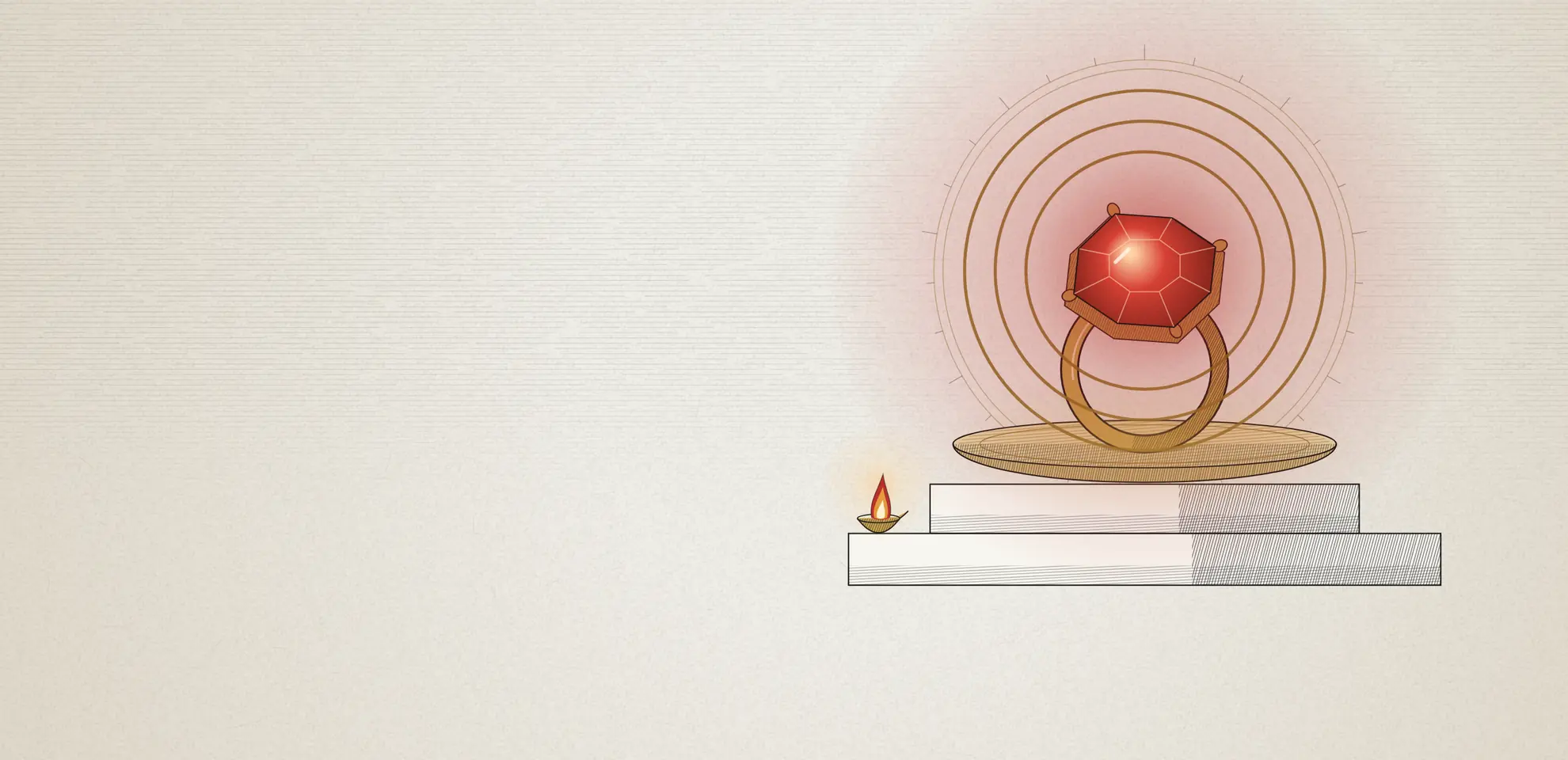An engraved drawing of a ring with a lit red stone standing in a brass dish on a stepped stone pedestal, three brass rings drawn around the stone and a small oil lamp burning beside it.