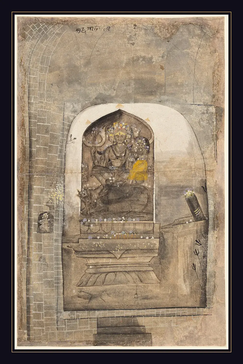 A painted temple sanctum seen through its arched doorway, with a stone image of Shiva seated on his bull and Parvati beside him, flowers scattered on the pedestal, and a linga with small tridents at the right.