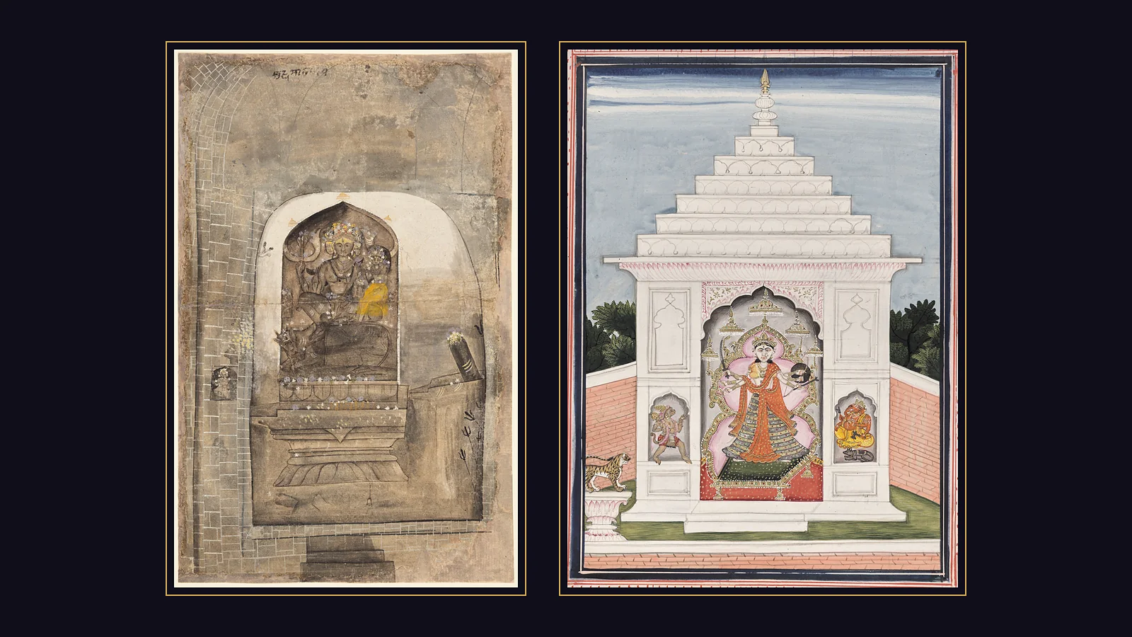 Two Pahari paintings side by side on a dark ground: a temple sanctum with Shiva and Parvati carved in stone on the bull Nandi, and a white tiered shrine of a six-armed goddess guarded by Hanuman and Ganesha.