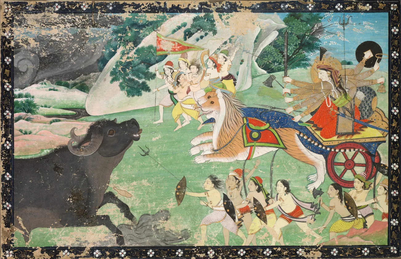 Durgā on her lion slaying the buffalo demon Mahiṣa, Pahari painting, c. 1830