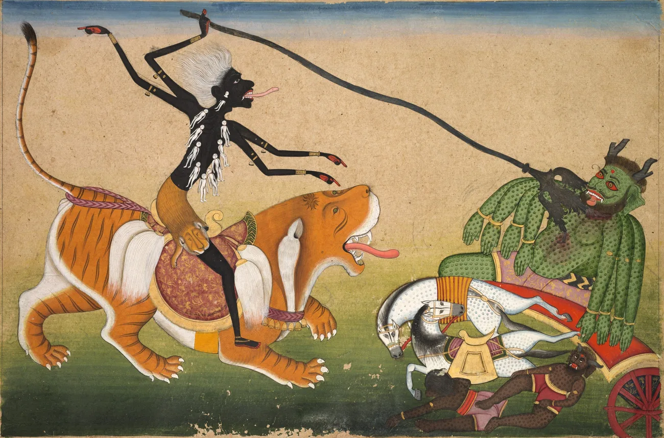 A Pahari painting of the black goddess Kali with her tongue out, slaying an eight-armed spotted green demon with a long trident while his chariot horses and two attendants lie fallen below.
